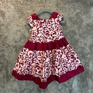 Janie & Jack Burgundy Red Pleated Poofy Lace Print Party Dress 12-18 Months Bow